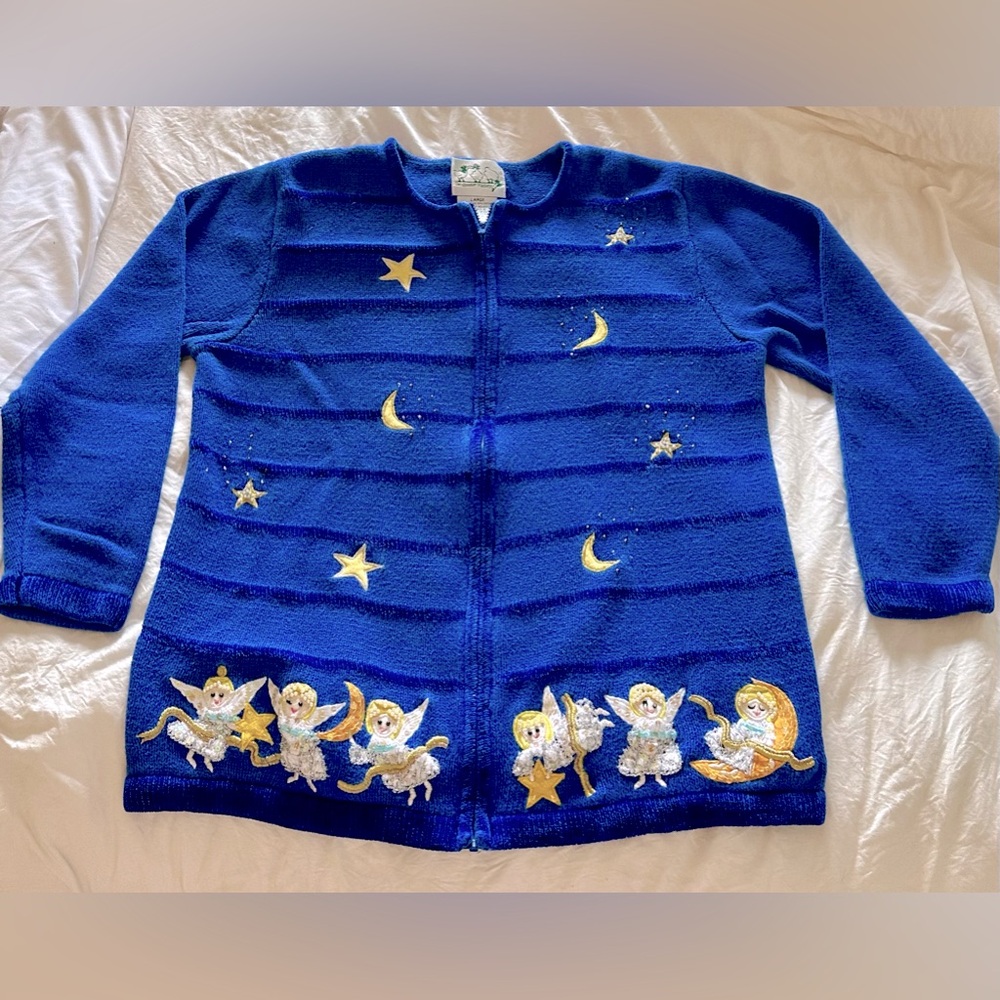 Quacker Factory Zip Up Cardigan Jumper Angel Moon Star Pearl Sequin EUC Sz L